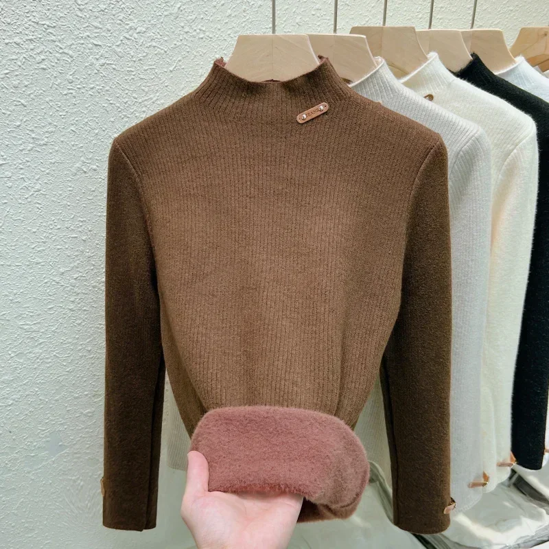 

Autumn Office Velvet Thickened Half High Collar Warm Sweater Women Casual Knitted Long Sleeve Solid Ladies New Pullovers 29780