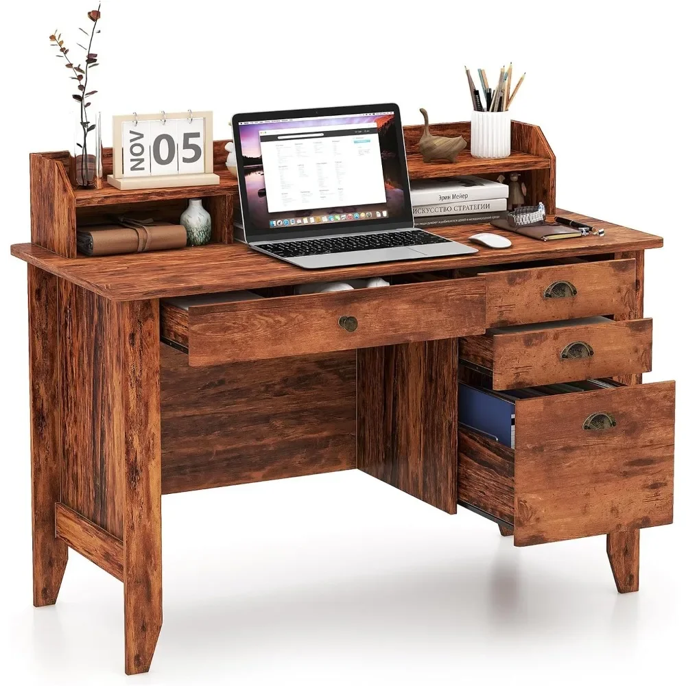 48" Computer Desk with 4 Storage Drawers，Hutch for PC Laptop Table，3 Storage Cabinets，Wood Executive Table