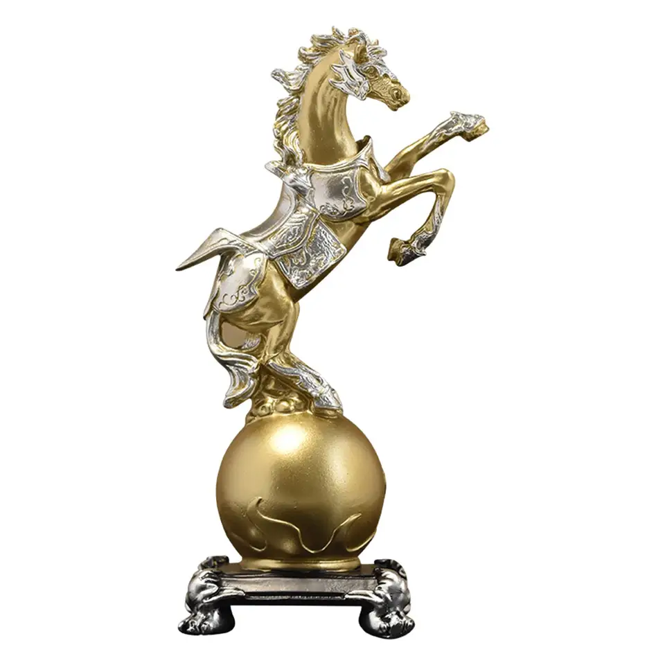 Statua Cavallo In Resina Dorata - Decorazione Da Tavolo Per Casa E Ufficio