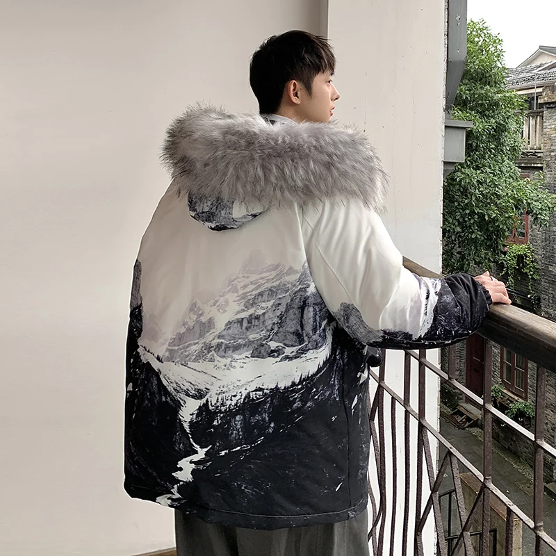 Oversized Men's 2023 Winter Warm Hooded Duck Down Jackets Outdoor Fur Collar Puffer Coat Streetwear Loose Snow Thick Down Parkas