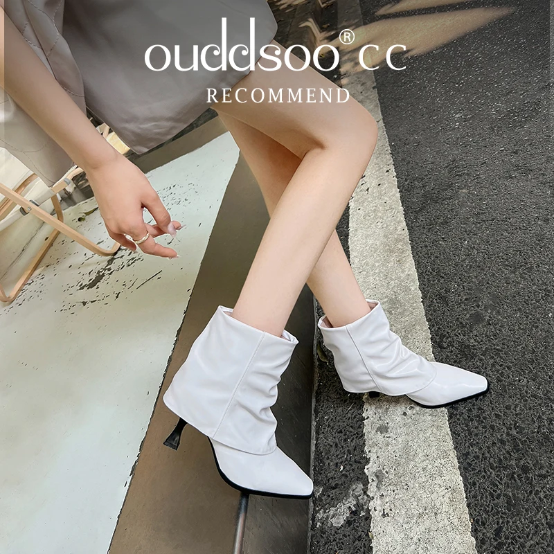 

ODS Fashion Thin High Heels Women Ankle Boots Popular Pleated Genuine Leather Shoes Woman Autumn Winter Party Office Lady