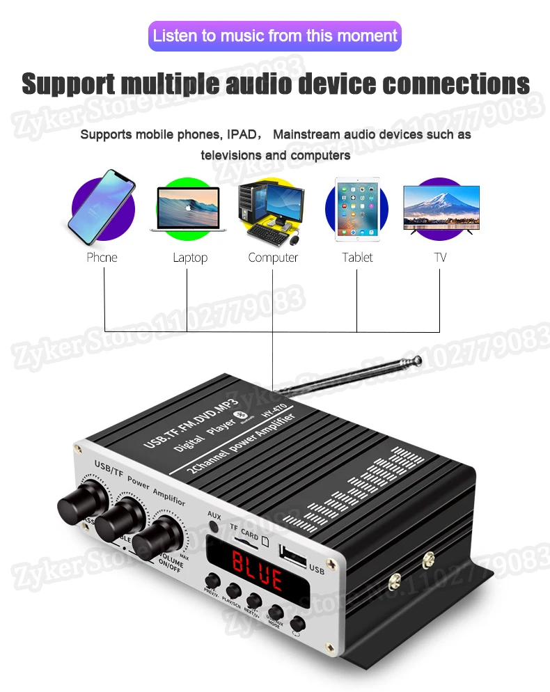 12V Mini Digital Bluetooth 5.0 Power Amplifier Blue Light Stereo Audio Amplifier for Home Theater Car Club Party USB Card FM AMP