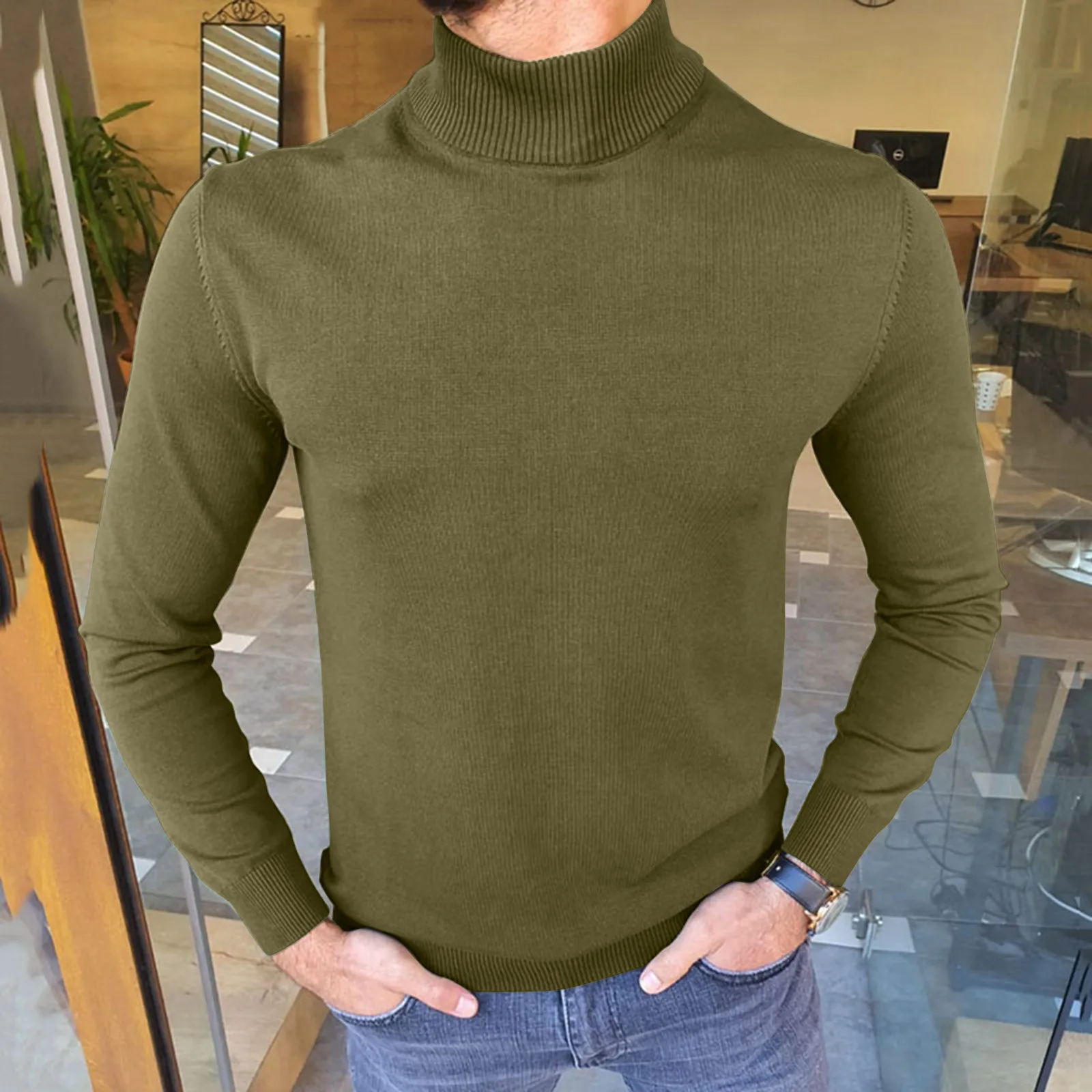 

Autumn Winter Men'S Turtleneck Sweater Men'S Knitting Pullovers Solid Knitted Sweater Warm Men Jumper Slim Fit Casual Sweater