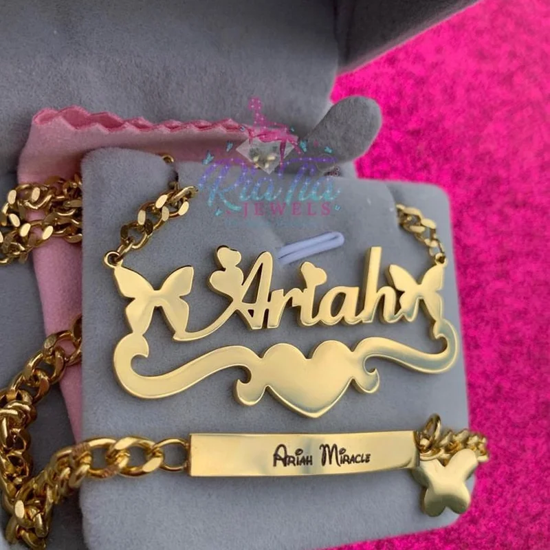 Custom Baby Kid Name Necklace Bracelet Jewelry Set Stainles Steel