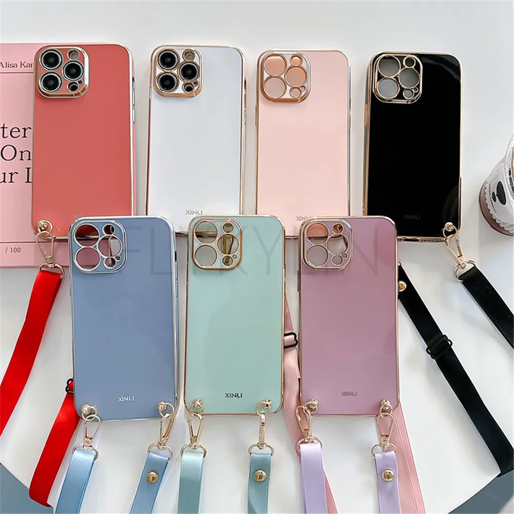 Enhanced Crossbody Lanyard Necklace Phone Case with Plating Soft Silicone Cover