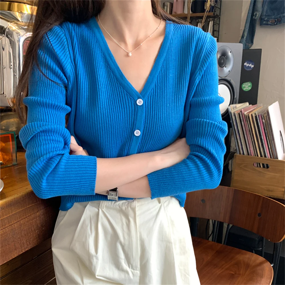 

PLAMTEE Normcore Chic Sweaters V-Neck Women Slim-Fit Knitwear Coats 2022 Autumn New Office Lady Streetwear Casual All Match