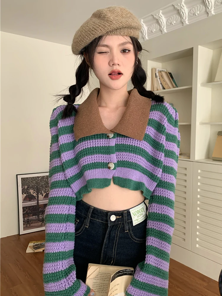 

Womenautumn Winter Long Sleeve Knitting Sweater New Short Vintage Stripe Turn-Down Collarcolor Contrast Fashion Knitted Cardigan