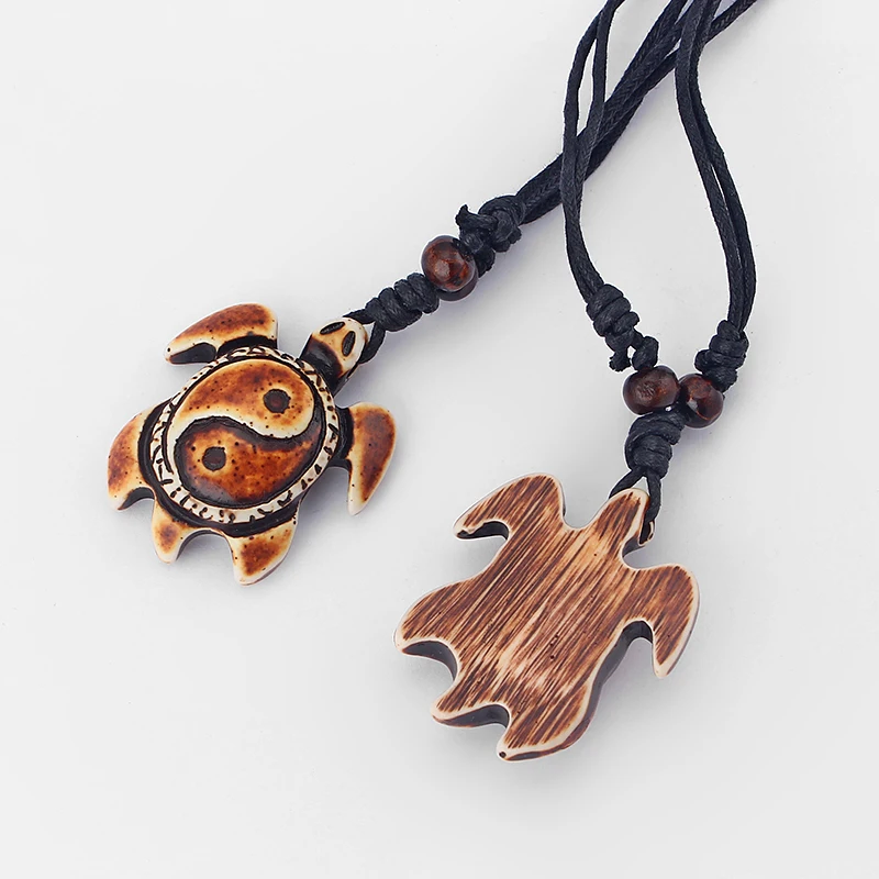 12pcs/lot Tai Chi Pattern Sea Turtle Pendant Necklace Ethnic Tribal Faux Yak Bone Carving Necklaces Vintage Jewelry Wholesale