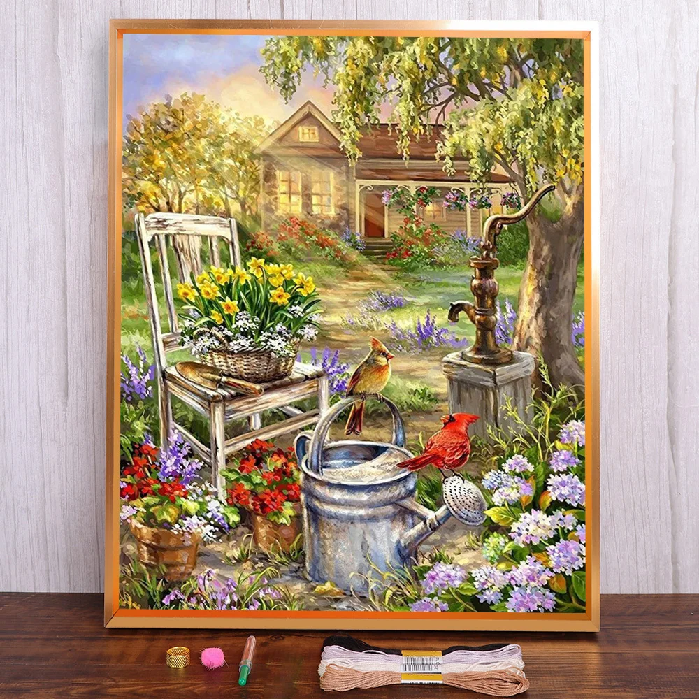 Landschaft Vogel Blume Bedruckter Stoff 11CT Kreuzstich Kit DIY Stickerei Handarbeiten Nähen Handwerk Strickseide Magisches Paket