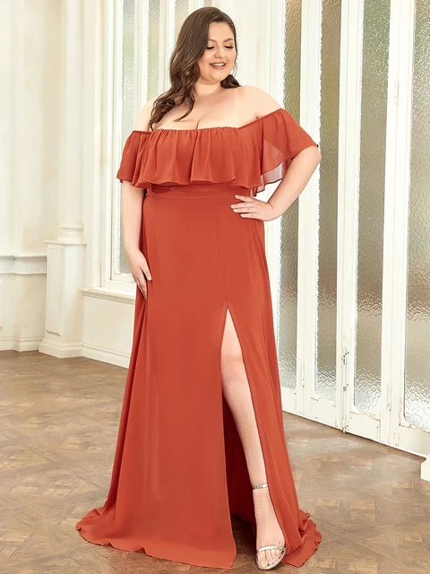 Plus Size Evening Dresses Off The Shoulder Bridesmaid 2022 Ever Pretty fo Long Lace Sleeve Elegant Prom Dress for Women EP00968 Burnt orange