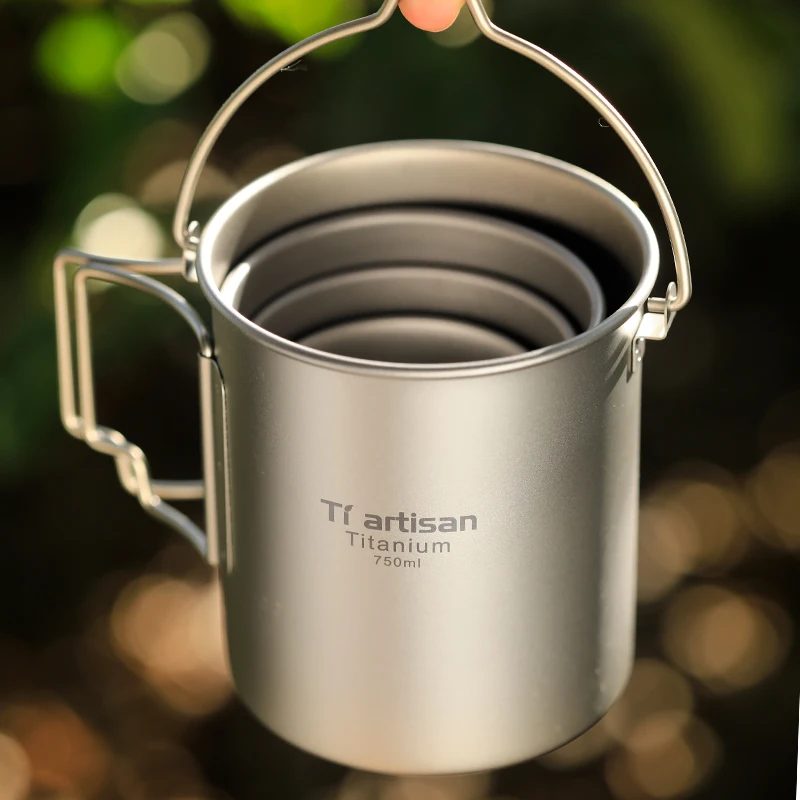 Tiartisan Camping Water Cup combination 200ml-750ml Ultralight Titanium Cup Mug Pot Foldable Handle with Lid and Stuff Sack
