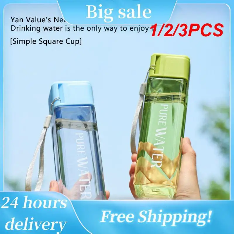 

1/2/3PCS 500ml transparent square plastic matte water cup outdoor cold fruit juice water sports cup with portable milk rope