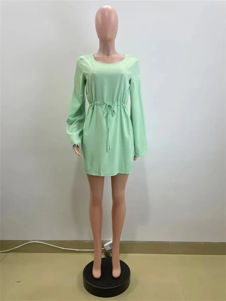 Wmstar Women Dress Autumn Fashion Solid Color Split Sleeve Drawstring Waist Long Sleeve Casual Dresses Wholesale Dropshipping