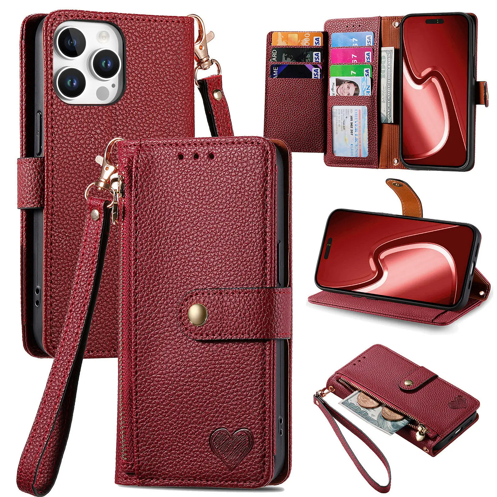 Versatile Kickstand Crossbody Wallet Case with Lanyard and Wrist Strap Featuring Card Holder Protection