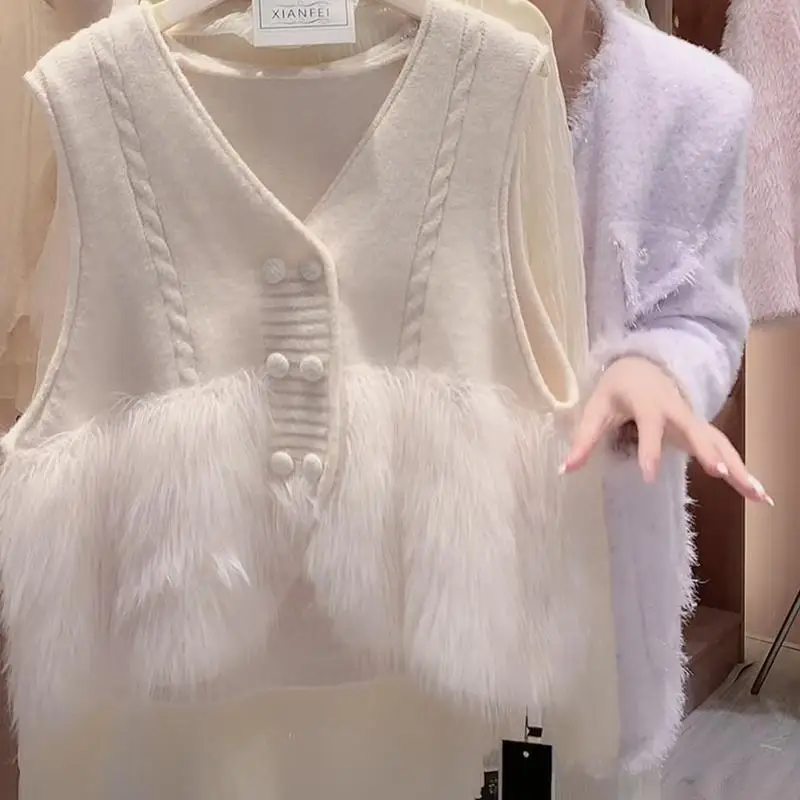 Sleeveless V-neck All-match Patchwork Cardigan Coat Women New Clothes Spring Autumn Fashion Slim Knitting Vests Korean Trend Top