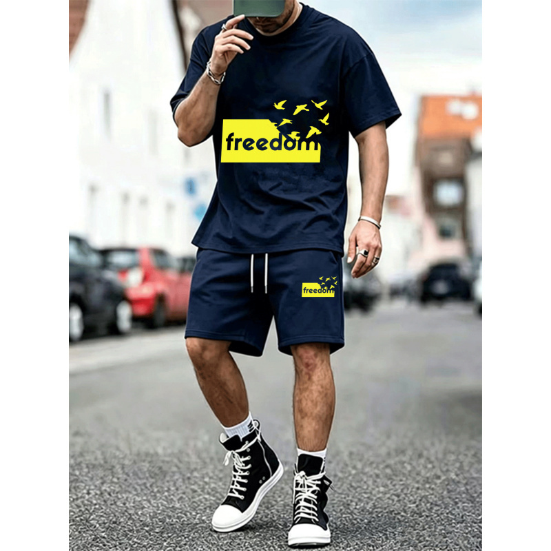 Fashion Men T-Shirt +Shorts Mesh Set Trend Print 2Piece suit Summer Streetwear EU Size Available Breathable Home Sets