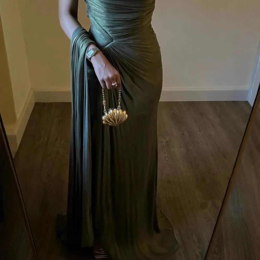 2025 Spring Summer New Fashion Pleated Dress for Women Chic Elegant Off Shoulder Sleeveless High Waist Evening Long Dresses 3