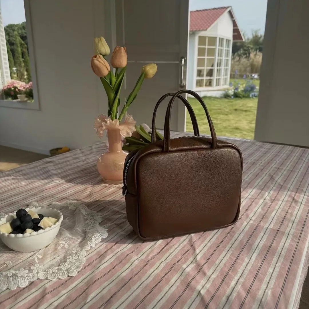 High Quality Japanese Minimalist Small Square Bag Boston Handbag Top Layer Leather Tote Bag