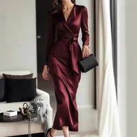 Elegant Solid Color Slim Banquet Dress Casual Lady Long Sleeve Wrap Hips Party Dress Sexy V-neck High Waist Lace Up Satin Dress - Image 2