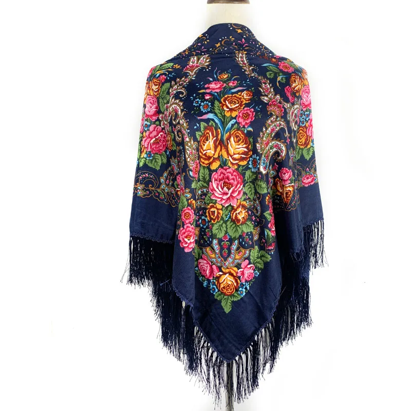 

Russian Fringed Shawl 2023 Women's Traditional Floral Printing Scarf Ukraine Babushka Square Bandana Head Scarf Female Hijab