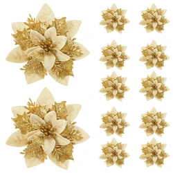 Set of Glitter Pink Christmas Flowers - 14cm Artificial Ornaments - 10Pcs (Gold)