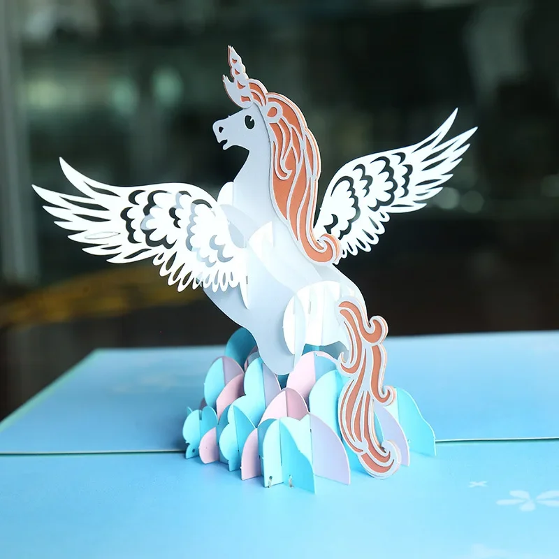 3D pop-up greeting card unicorn personality flying horse three-dimensional paper carving fairy tale holiday cards gift