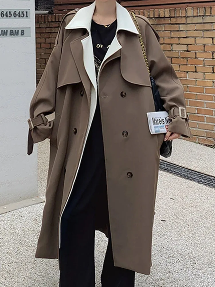 

NICEWOMEN Women Long Belt Trench Fashion Lapel Contrast Color Spliced Double Breasted Windbreaker 2023 Autumn New Clothing AH112