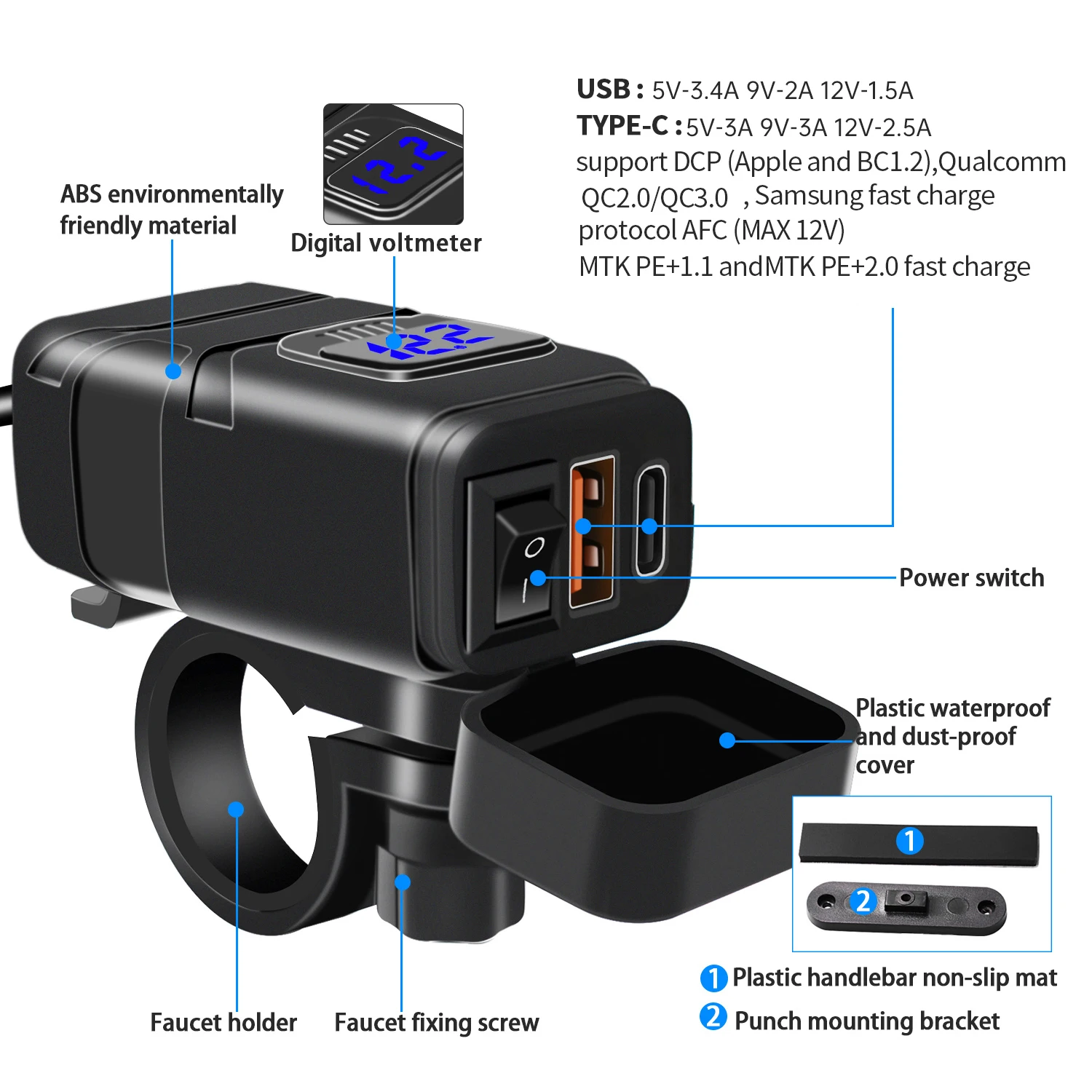 

Двойная USB-зарядка для мотоцикла, 12 В, быстрая зарядка, с водонепроницаемым дисплеем напряжения, для KAWASAKI Z900 Z750 Z900rs