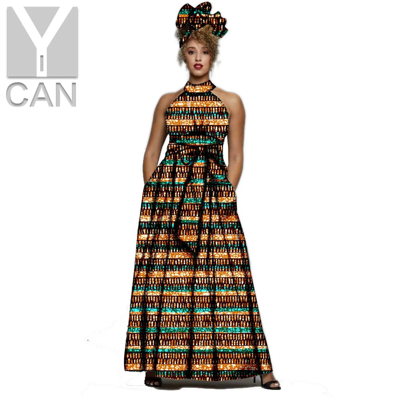 African Women Sexy Dresses Dashiki Ankara Print Long Maxi Sleeveless Skirt with Turban Headwrap Bazin Riche Clothes S1925014 african clothes for men sport wear blazer dashiki bazin riche 2 pieces sleeveless vest and shorts daily casual style a2316077