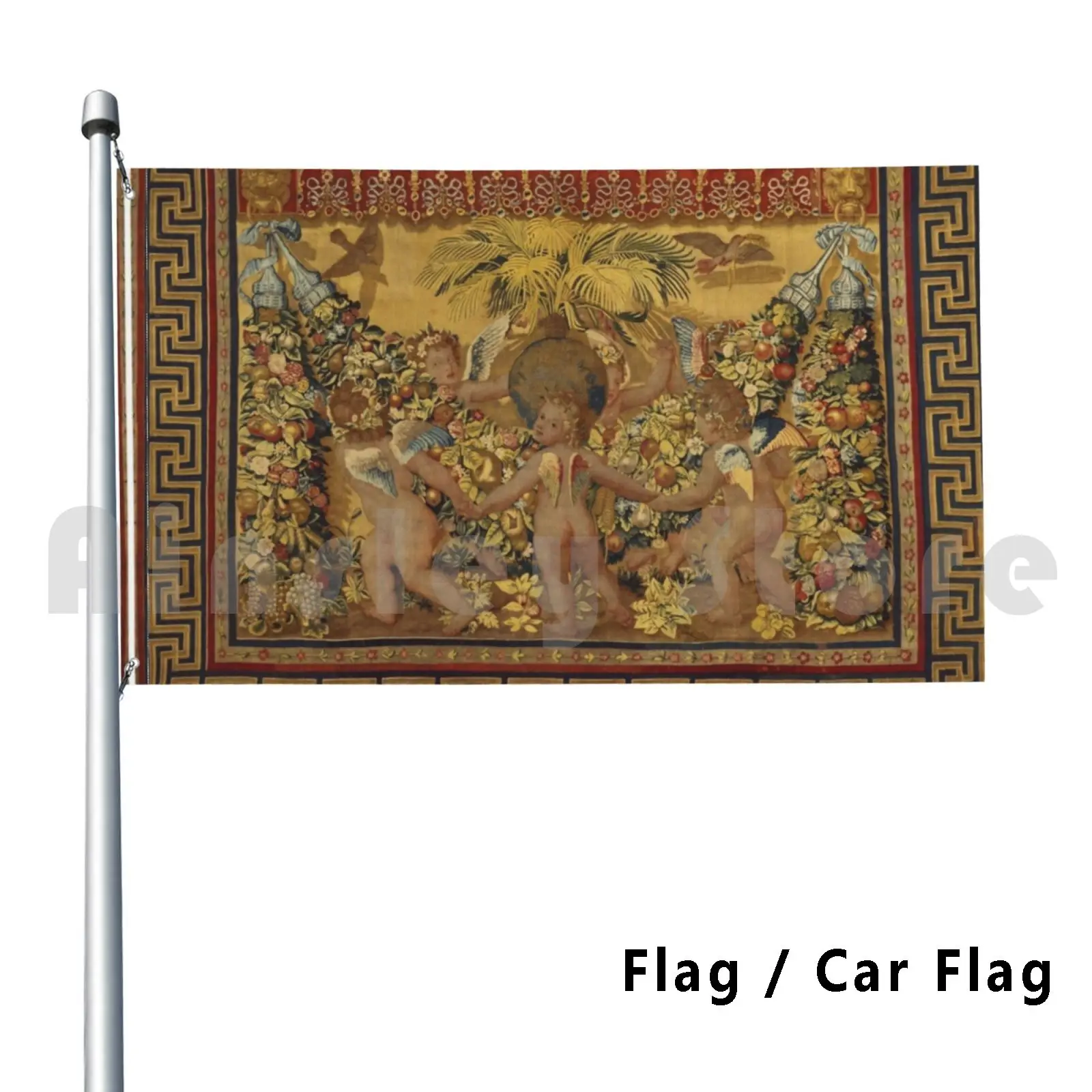 Six Putti Dancing Around A Globe And A Palm , Gold Yellow Brown Floral Renaissance Flag Car Flag Outdoor Decor Flag Car Flag
