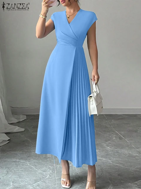 ZANZEA Office Women Dresses 2025 Elegant V Neck Sleeveless Party Dress Solid Pleated Sundress Stylish Waisted Maxi Long Vestidos 1