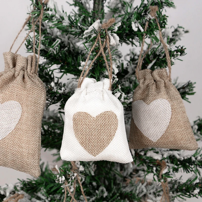 10Pcs Heart Jute Drawstring Bags For Wedding Birthday Party Decor Jewelry Pouches Natural Linen Burlap Candy Gifts Packaging