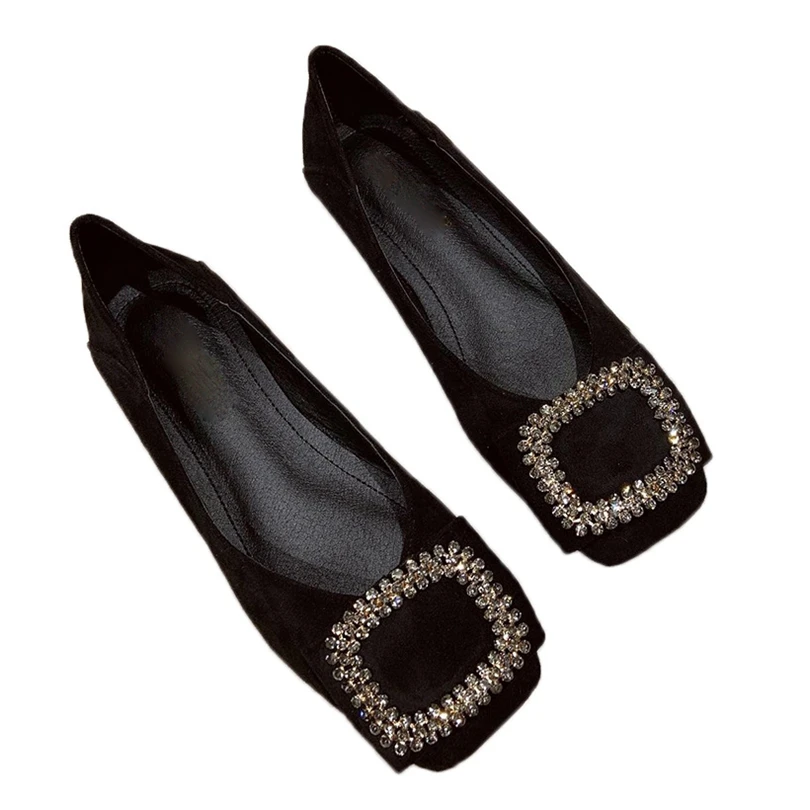 Square toe flat shoes for women spring summer new square buckle diamond shallow cut women shoes boat shoes large size 44 45 46 5