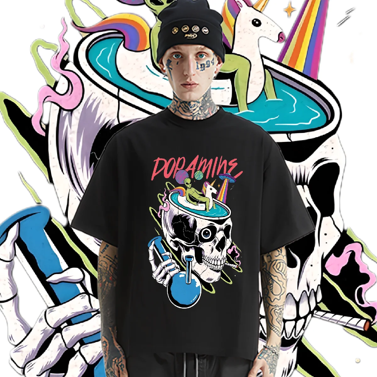 

Skull Round Neck Tops Loose Big Size T Shirt Harajuku Rap Style Tshirt Graphic Cotton T-shirt Causal For Men Tees Custom