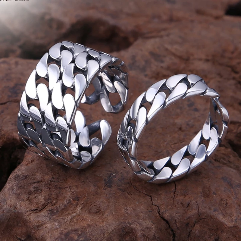 

Real Pure S925 Sterling Silver Ring Men Women Gift Lucky Braided Cross Curb Link Open Band Ring Adjustable