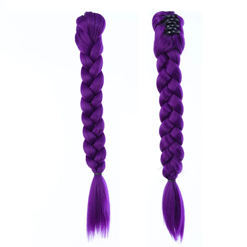 합성 섬유 가발 여성용 K팝 보라색 작은 집게핀 포니테일 가발 땋은 머리 연장 가발