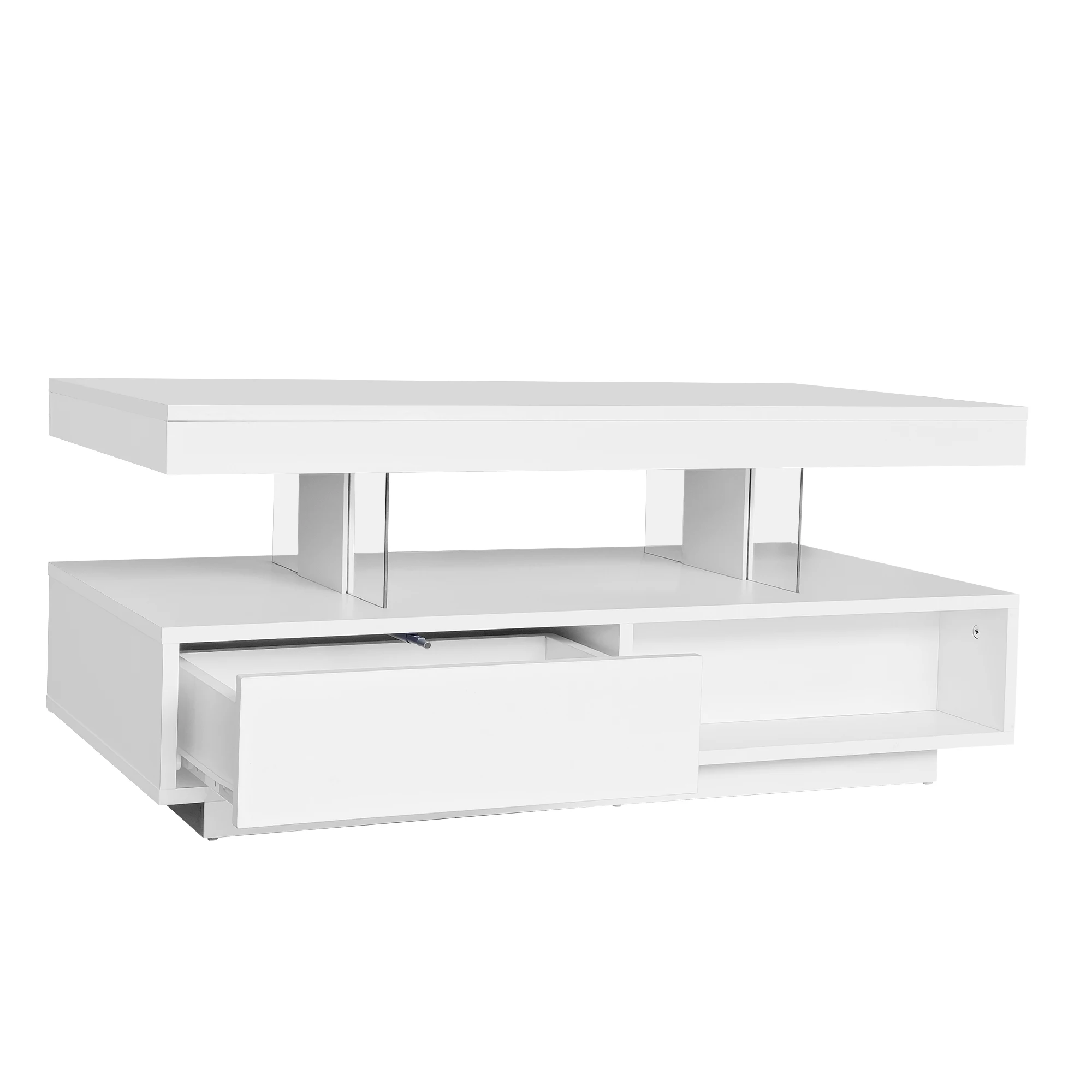 Weißer Hochglanz-Couchtisch 95 x 50 x 42,5 cm – mit 4 Glasböden, 2 Schubladen und 2 offenen Fächern, Wohnzimmerschrank – Detail 27