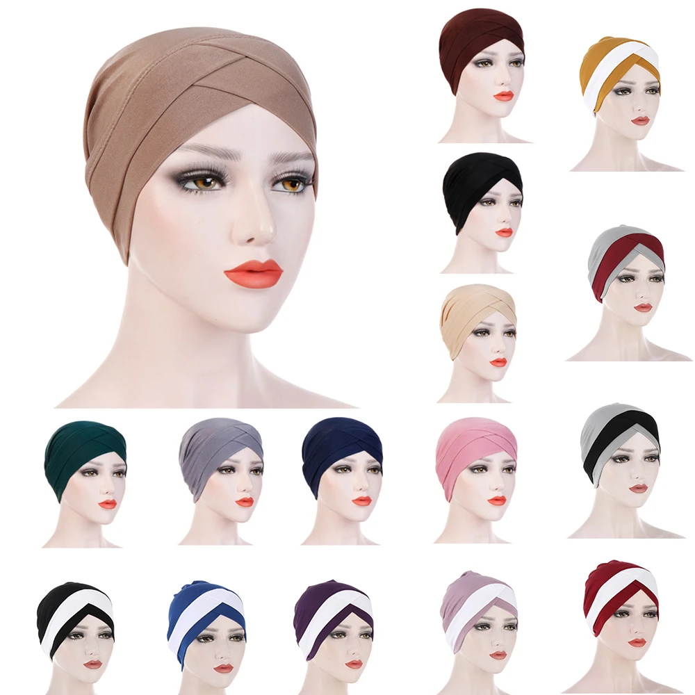 

Women Stretchy Turban Hat Cross Head Wrap Cotton Hijab Cap Solid Color Soft Headscarf Fashion Muslim Hats Scarf Accessories