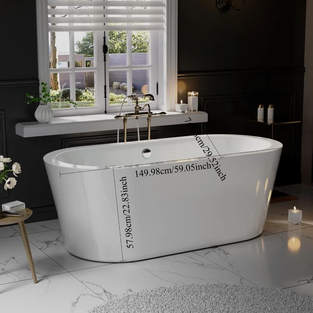 Acrylic Freestanding Bathtub Contemporary Stand Alone Soaking Tub with Overflow and Drain, , Luxury White hot tub 3