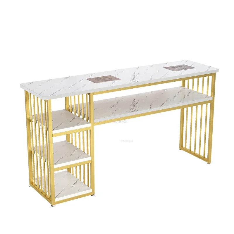 Nordic Light Luxury Golden Nail Tables Salon Furniture Modern Professional Manicure Table with Vacuum Cleaner Storage Nail Table