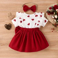 PatPat 2pcs Baby Girl Heart Print Ruffled Short-sleeve Faux-two Bow Front Dress & Headband Set Soft and Comfortable 2