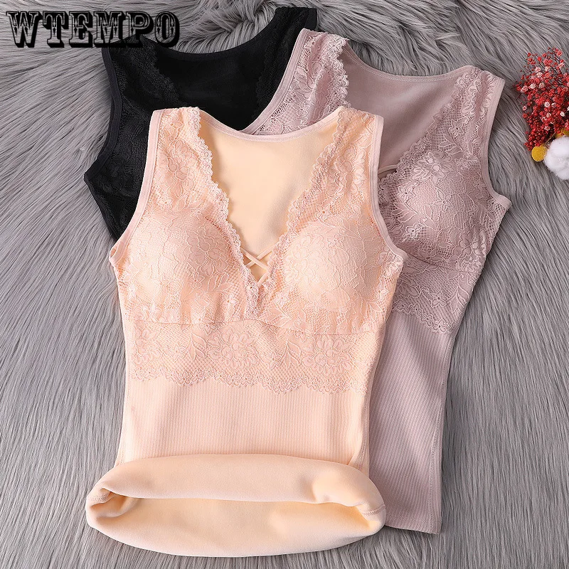 

Sexy Winter Thermals Velvet Vest Pad Plus Size XXXL Inner Wear for Women Lace Sleeveless Body Tops Slim Solid V Neck Underwear
