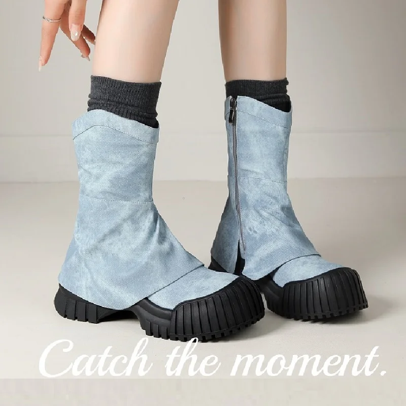 

Woman Denim Boots Ladies Winter Shoes Street Street Blue Boots Side Zipper Shoes Hot Girls Spring Autumn Platform Boots