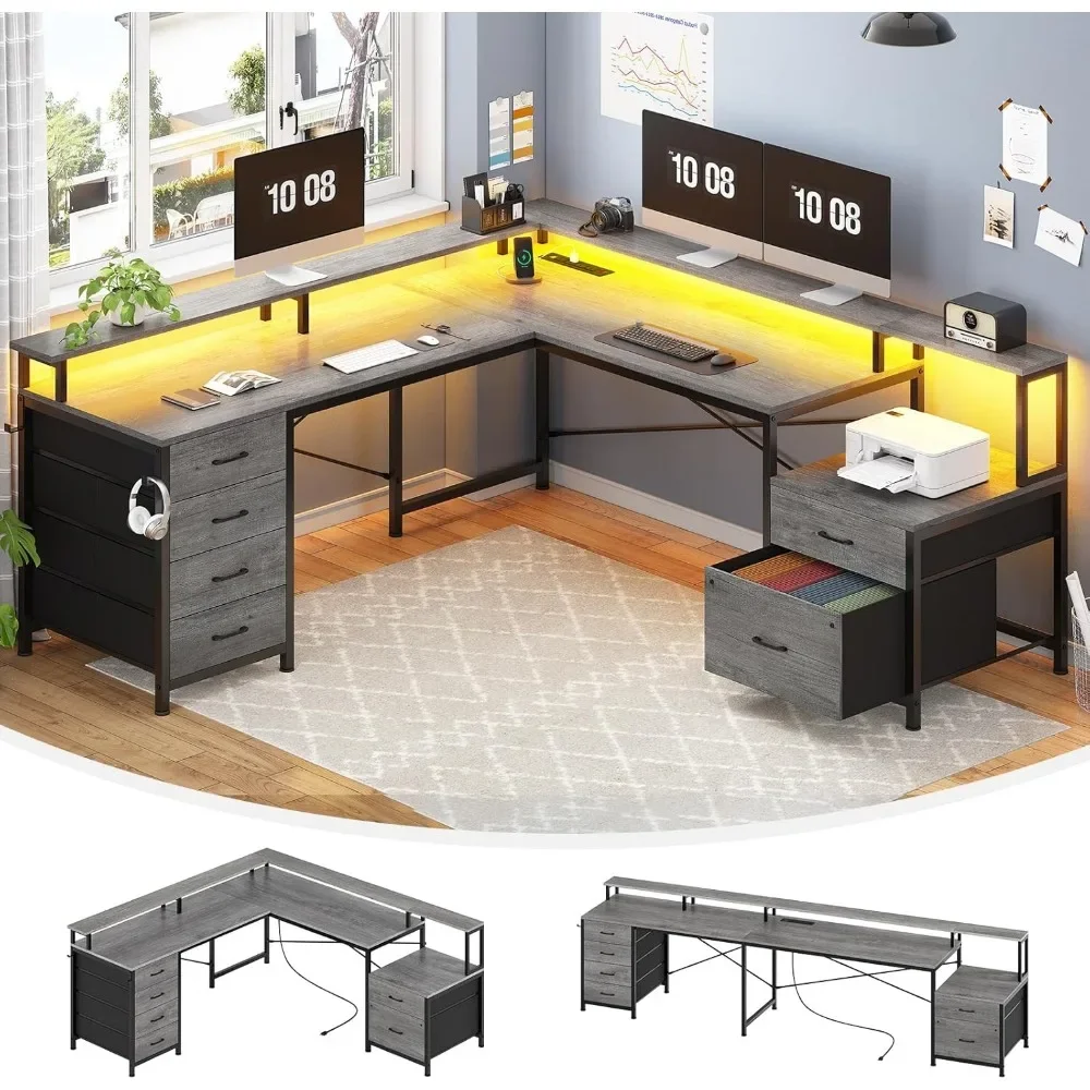L Shaped Desk with 6 Drawer, 108" Office Desk with File Drawer & Power Outlet, Corner Computer Desk,Two Person Desk, Gaming Desk 2