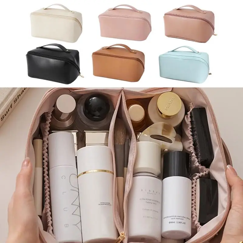 Large Capacity Travel Cosmetic Bag Waterproof Leather Makeup Bag For