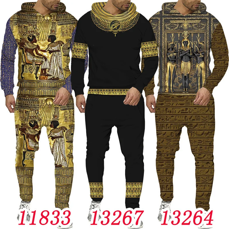 S-6XL Mărime mare 3D Jachetă pentru bărbați cu imprimeu egiptean Hanorac cu pantaloni Set Trening pentru bărbați Iarnă și toamnă Sport Umăr bărbătesc_voghion.com