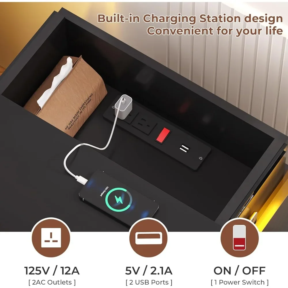 Nightstands Set of 2, Charging Station and Sliding Top, Bedside Table with Power Outlets & Drawers,  Nightstands 3