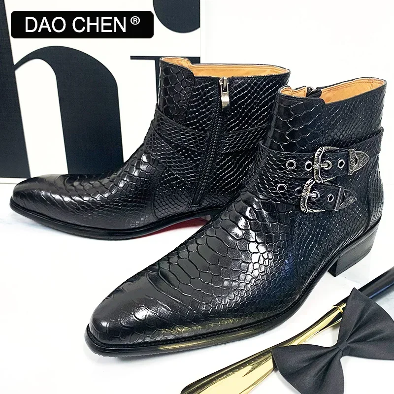 LUXURY DESIGNER MEN ANKLE BOOTS SHOE COFFEE BLACK SNAKE PRINT BUCKLE STRAP CASUAL DRESS SHOES GENUINE LEATHER BOOTS MEN
