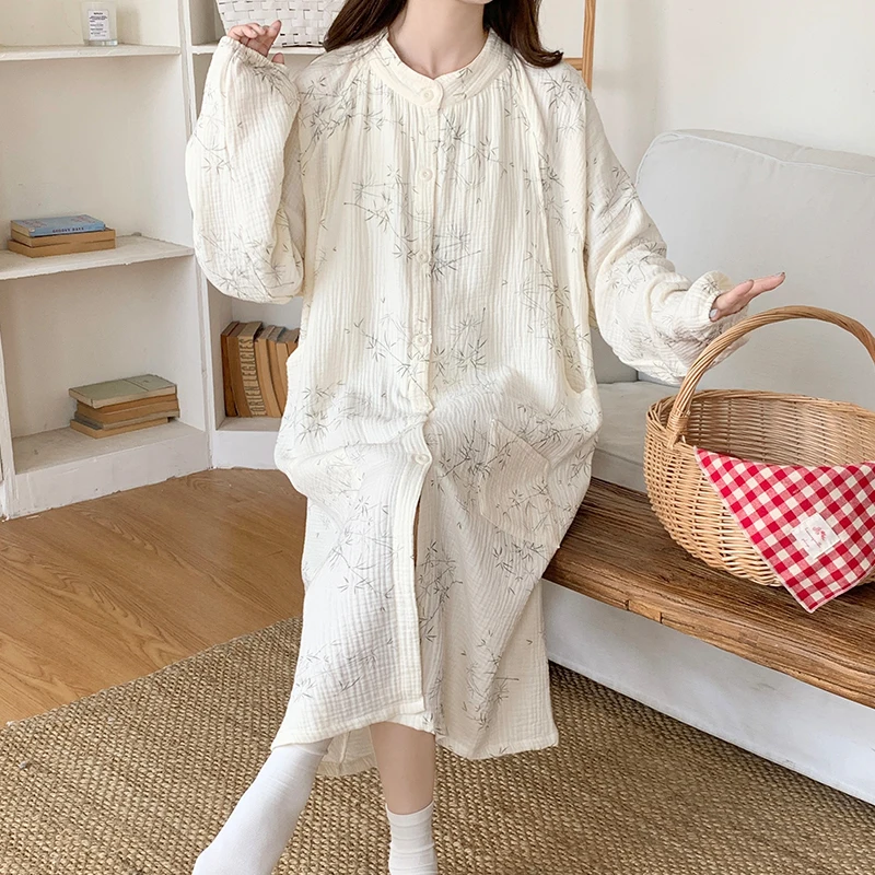 

100% Cotton Double Gauze Nursing Night Dress for Maternity Long Sleeve Floral Printed Sleepwear for Pregnant Women Home Hospital