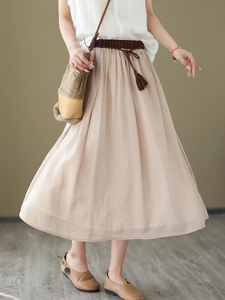 

2023 New Fashion Summer Vintage Solid Color Lace-up Casual Women Elastic High Waist Skirts A-line Skirt Female Woman Clothing
